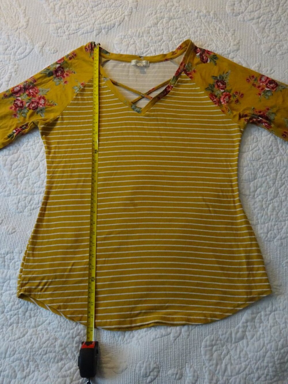 Yellow Floral Sleeve Striped Top 3/4 Sleeve V-Neck